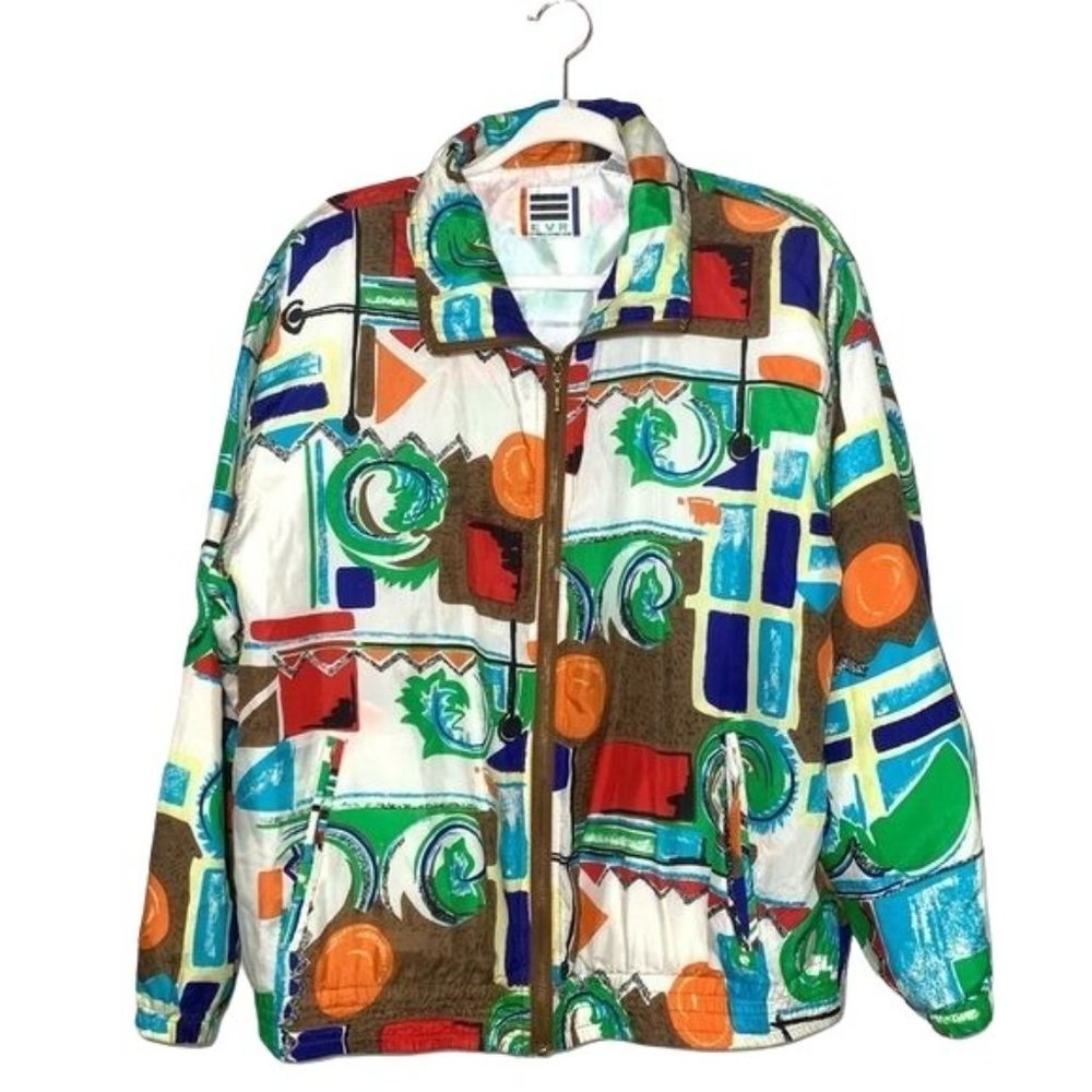 Vintage EVR 100% Silk Jacket Windsuit Bold Geometric Bright Zip Front Medium - Picture 2 of 12